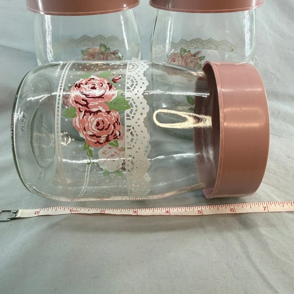 Vintage Carlton Glass USA 1L Canister Set 3 Pink Roses Lace Floral Jars Lids